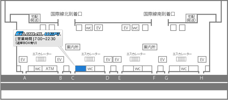 関西国際空港 グローバルWiFi 到着ロビー北側返却カウンター地図 