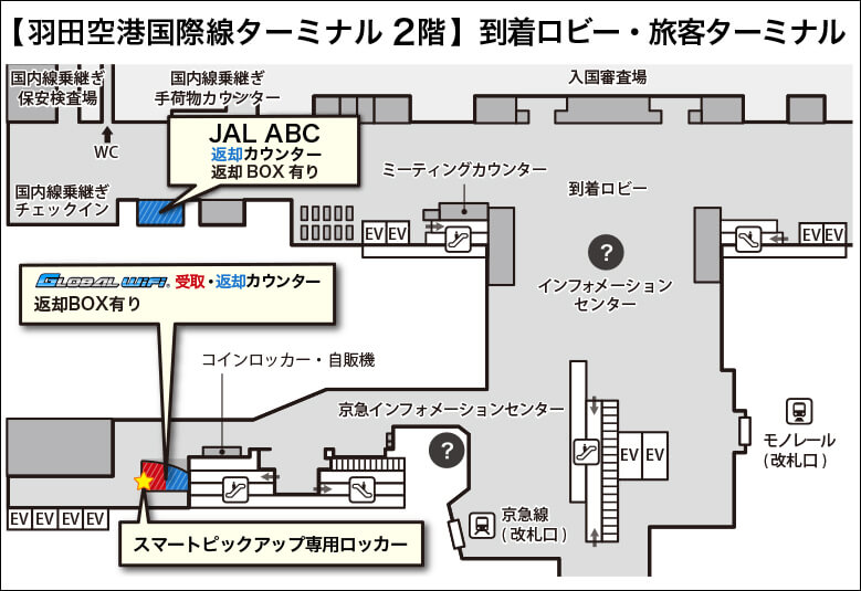 羽田空港国際線ターミナル　受取・返却カウンターマップ 
