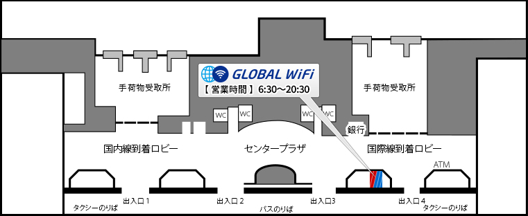 グローバルWiFi・仙台空港、受取返却カウンターマップ