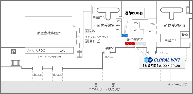 グローバルWiFi・旭川空港、受取返却カウンターマップ